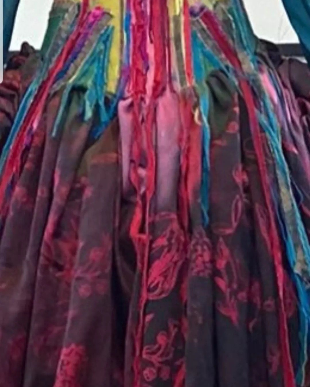 Close-up detail of fabric pattern and ribbon work