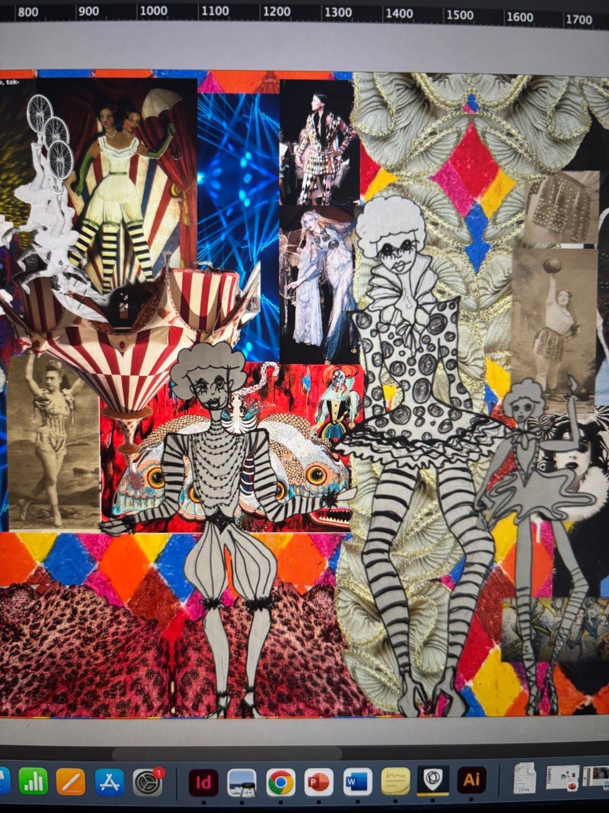 Detail of circus-inspired collage with zebra patterns and performers