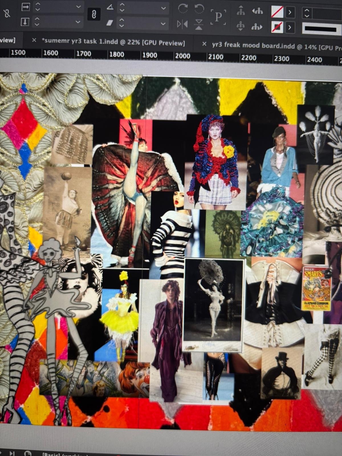 Detailed mood board showing research into circus performance and fashion